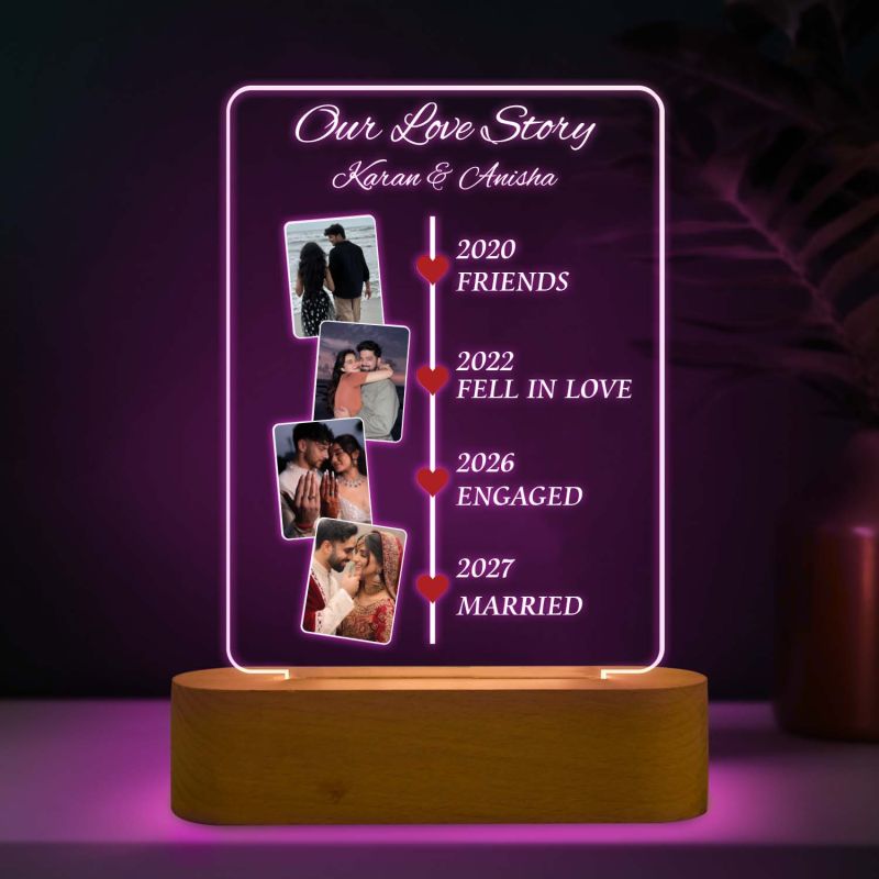 Personalized Our Love Story Couple Photo LED Lamp with Light & Wooden Stand Anniversary Gift for Husband Wife Birthday Gift Memorable Gift Item 7 Color Changing Light